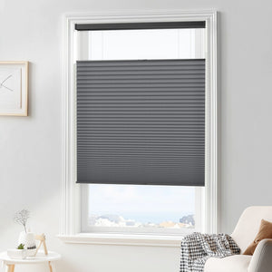 Dark gray top-down bottom-up cellular honeycomb shade: in a furnished room