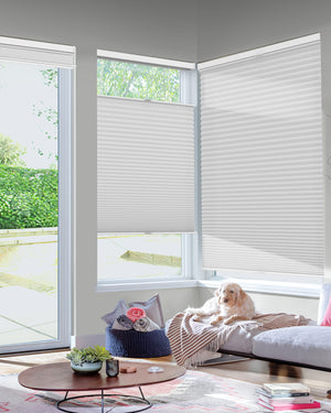 Gray top-down bottom-up cellular honeycomb shade: in a furnished room