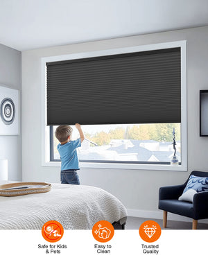 Black cellular honeycomb shade: cordless lift operation