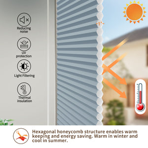 Blue top-down bottom-up no-drill cellular honeycomb shade: honeycomb cell cross-section and heat-flow illustration