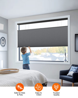 Dark gray top-down bottom-up cellular honeycomb shade: cordless lift operation