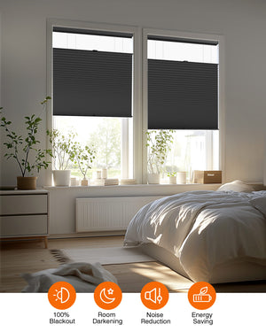 Black top-down bottom-up cellular honeycomb shade: in a furnished room