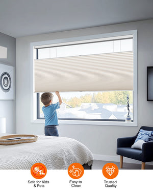Cream top-down bottom-up cellular honeycomb shade: cordless lift operation