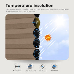 Brown cellular honeycomb shade: honeycomb cell cross-section and heat-flow illustration