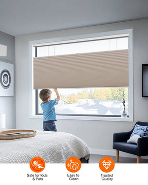 Taupe top-down bottom-up cellular honeycomb shade: cordless lift operation