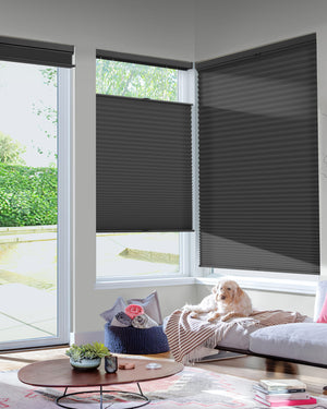 Black top-down bottom-up cellular honeycomb shade: in a furnished room
