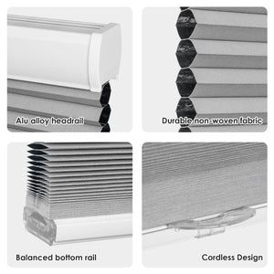Gray cellular honeycomb shade: headrail, fabric and bottom rail details