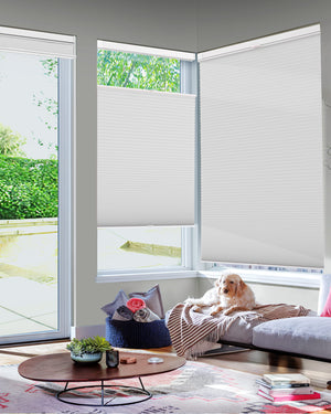 White top-down bottom-up no-drill cellular honeycomb shade: in a furnished room