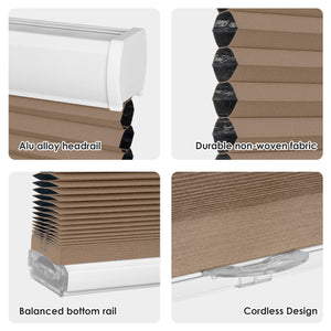 Brown cellular honeycomb shade: headrail, fabric and bottom rail details
