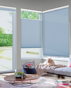 Blue top-down bottom-up no-drill cellular honeycomb shade: in a furnished room