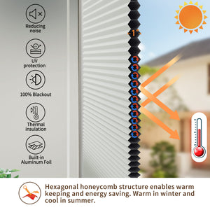 Off-white no-drill cellular honeycomb shade: honeycomb cell cross-section and heat-flow illustration