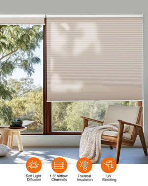Taupe cellular honeycomb shade: in a furnished room
