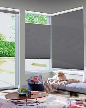 Dark gray top-down bottom-up no-drill cellular honeycomb shade: in a furnished room