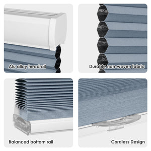 Blue cellular honeycomb shade: headrail, fabric and bottom rail details