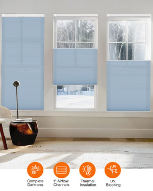 Blue top-down bottom-up no-drill cellular honeycomb shade: on paired windows