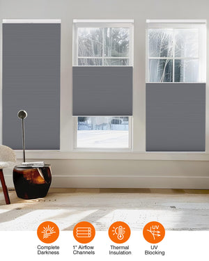Dark gray top-down bottom-up no-drill cellular honeycomb shade: on paired windows