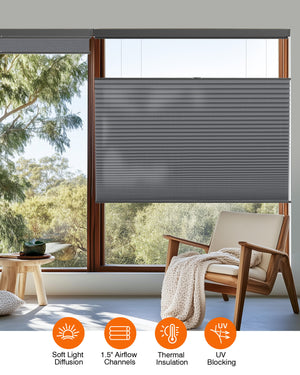 Dark gray top-down bottom-up cellular honeycomb shade: in a furnished room