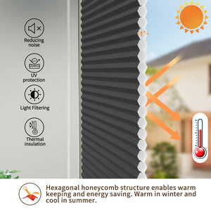 Black top-down bottom-up no-drill cellular honeycomb shade: honeycomb cell cross-section and heat-flow illustration