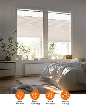 Cream top-down bottom-up cellular honeycomb shade: in a furnished room