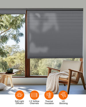 Dark gray cellular honeycomb shade: in a furnished room