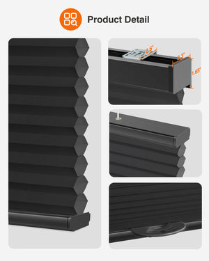 Black top-down bottom-up cellular honeycomb shade: headrail, fabric and bottom rail details