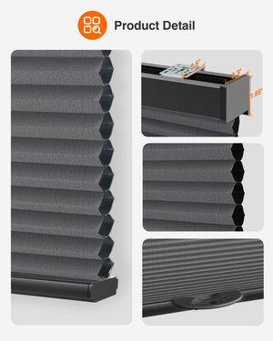 Dark gray cellular honeycomb shade: headrail, fabric and bottom rail details