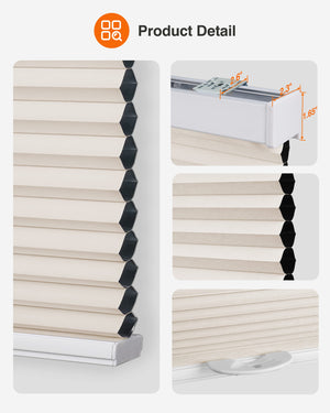 Cream cellular honeycomb shade: headrail, fabric and bottom rail details