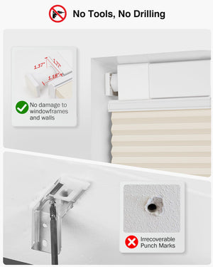 Cream top-down bottom-up no-drill cellular honeycomb shade: no-drill mounting hardware comparison