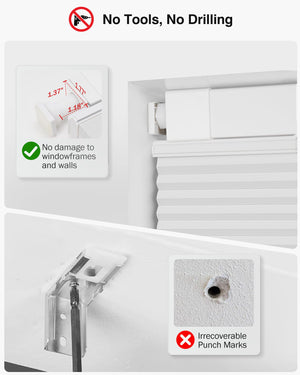 White top-down bottom-up no-drill cellular honeycomb shade: no-drill mounting hardware comparison