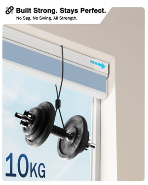 Blue top-down bottom-up no-drill cellular honeycomb shade: headrail shown with hanging weights