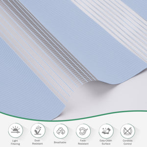 Blue no-drill zebra blind: folded fabric close-up