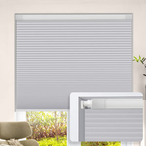 Gray no-drill cellular honeycomb shade: on a window