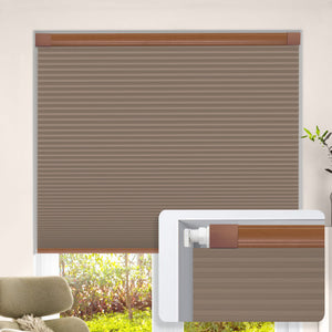 Brown no-drill cellular honeycomb shade: on a window