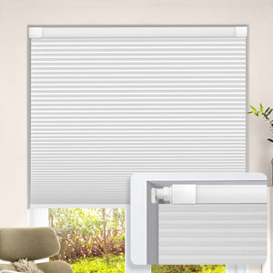 White no-drill cellular honeycomb shade: on a window