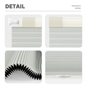 Off-white no-drill cellular honeycomb shade: headrail, fabric and bottom rail details