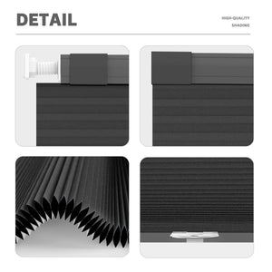 Black no-drill cellular honeycomb shade: headrail, fabric and bottom rail details