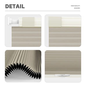 Beige no-drill cellular honeycomb shade: headrail, fabric and bottom rail details