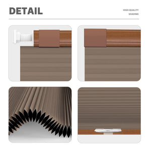 Brown no-drill cellular honeycomb shade: headrail, fabric and bottom rail details