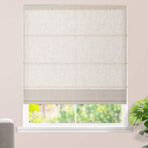 Cream Roman shade: on a window