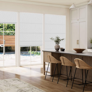 Silver gray Roman shade: in a dining room