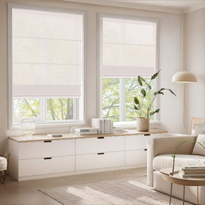 Ivory Roman shade: above a window seat