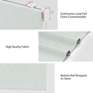 Pale green Roman shade: headrail, fabric and bottom rail details