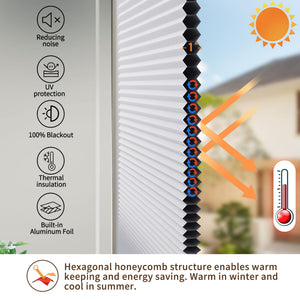 White no-drill cellular honeycomb shade: honeycomb cell cross-section and heat-flow illustration