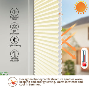 Yellow no-drill cellular honeycomb shade: honeycomb cell cross-section and heat-flow illustration