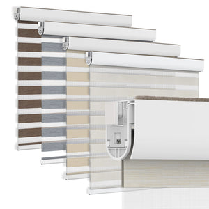 White no-drill zebra blind: layered fabric color options