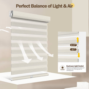 Off-white no-drill zebra blind: light control through sheer and opaque stripes