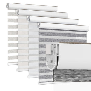 Gray no-drill zebra blind: layered fabric color options