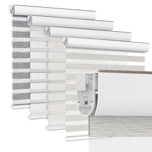 Light gray no-drill zebra blind: layered fabric color options