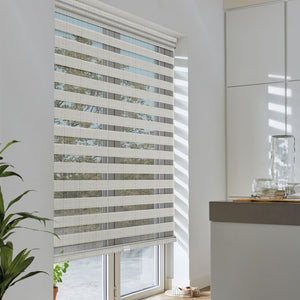 Gray no-drill zebra blind: angled product view