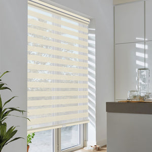 Beige no-drill zebra blind: angled product view
